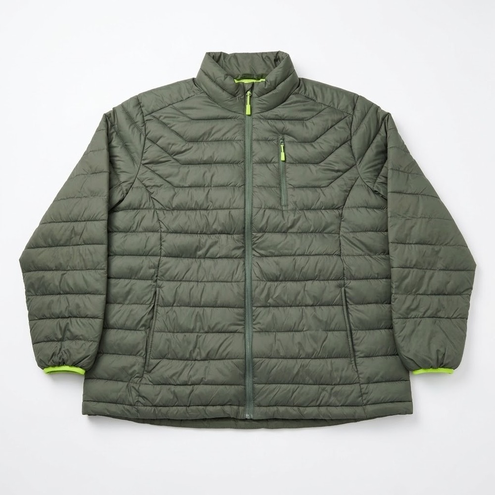 Xersion Mens XXL Packable Puffer Jacket Olive Green Full Zip Lightweight Quilted